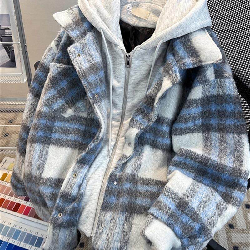 假两件格子毛呢外套男款冬季宽松连帽美式覆古小香风短款棉衣夹克,男装,棉衣,淘宝优惠券,粉丝福利购,淘宝优惠卷
