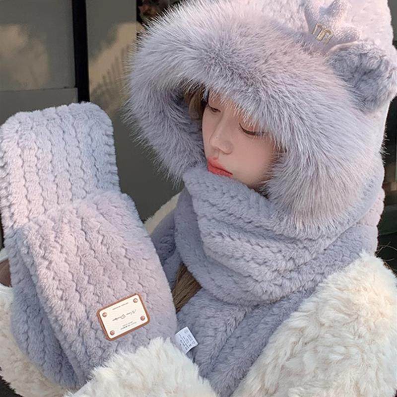 帽子女秋冬季可爱毛绒帽加厚保暖神器围巾一体连帽围脖手套三件套,服饰配件/皮带/帽子/围巾,帽子,淘宝优惠券,粉丝福利购,淘宝优惠卷
