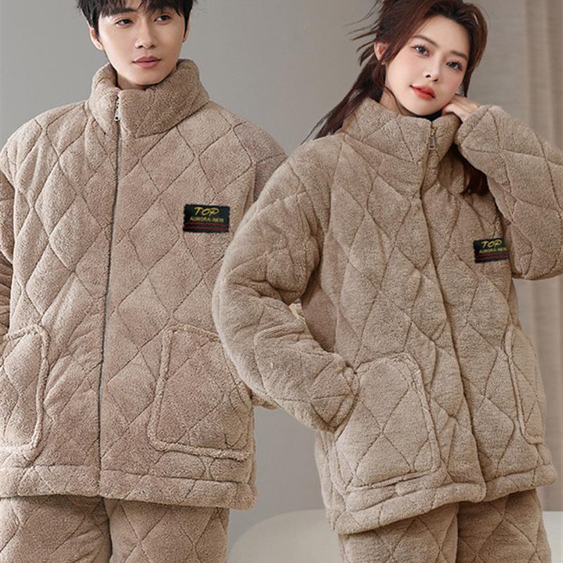 情侣款睡衣女士冬季珊瑚绒加绒加厚套装三层夹棉法兰绒可外穿棉衣