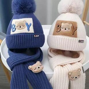儿童帽子围巾集婴儿羊毛帽子男孩英俊的帽子羊毛衬里温暖针织帽中