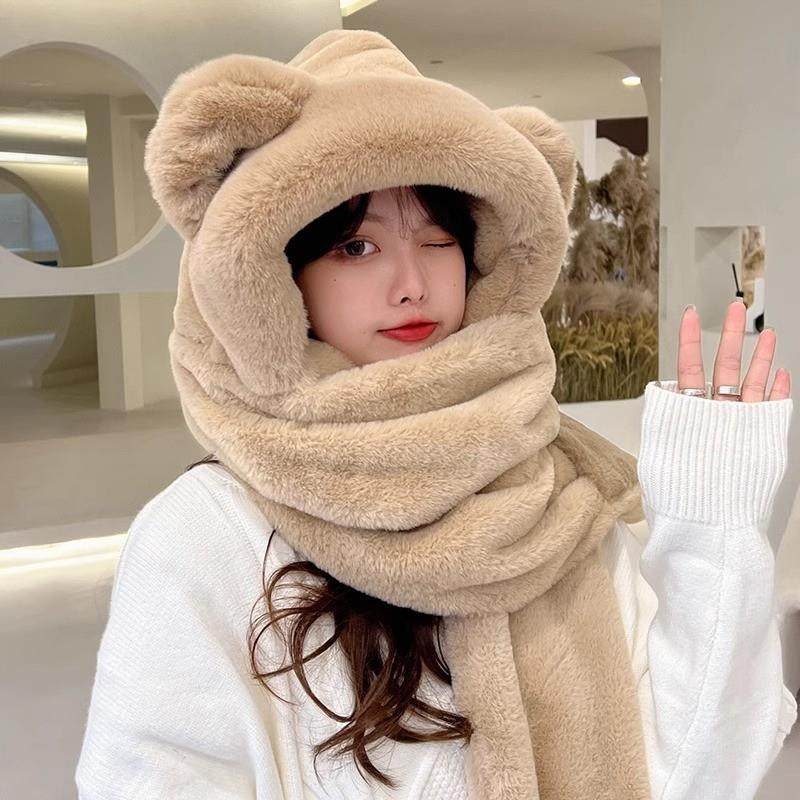 小熊帽子女冬款三件套冬天可爱毛绒连帽围巾一体保暖手套护耳围脖,服饰配件/皮带/帽子/围巾,帽子,淘宝优惠券,粉丝福利购,淘宝优惠卷