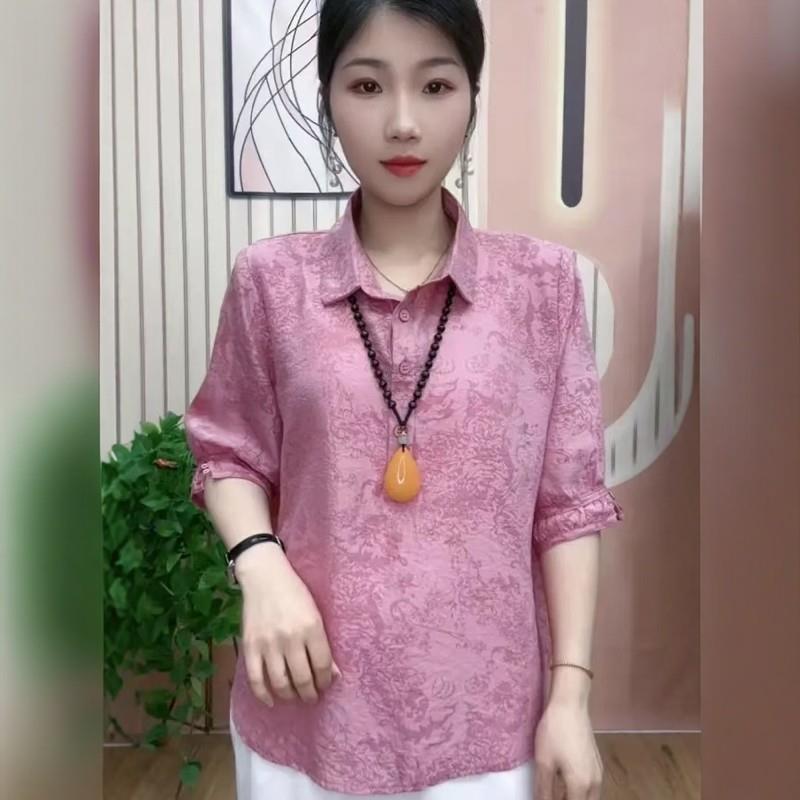 2025新款夏季套头衬衫苎麻中老年妈妈装薄款复古暗花上衣宽松T恤