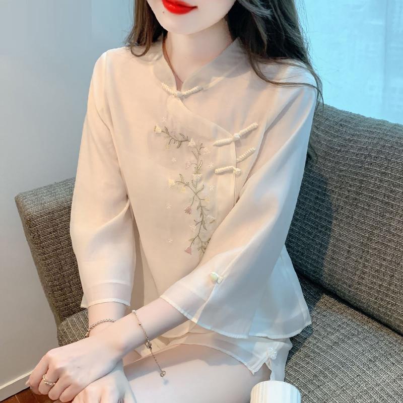 新中式改良版旗袍上衣国风盘扣刺绣雪纺衫女夏季温柔风短裤两件套