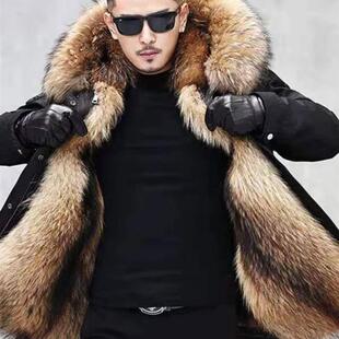 派克冬季男子夹克2024年中长可拆卸衬里彷毛皮浣熊毛皮大尺寸纤细