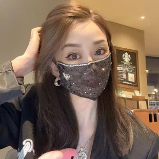2025新款 黑色蕾丝镶钻防晒口罩高颜值女士透气时尚 立体防紫外线薄