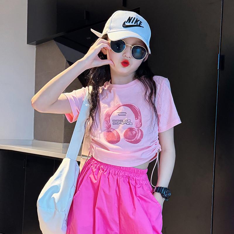 女童短袖t恤夏季2025新款儿童网红炸街短款上衣女大童爵士舞服装