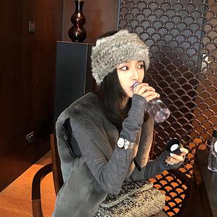秋冬帽子女显脸小外出旅游雪景拍照真兔毛皮草发带保暖空顶毛绒帽