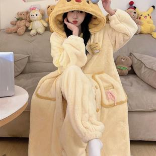 2025新款秋冬季天珊瑚绒睡袍女可爱法兰绒加绒加厚睡衣家居服套装