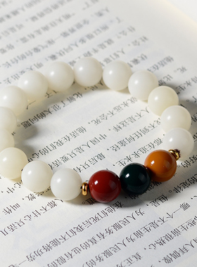 简约个性檀木白玉菩提佛珠手串简约三色复古潮流文玩手链礼品