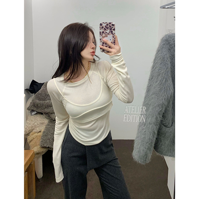 IUIU阿晶家 舒适到上头 内搭新宠假两件打底女圆领修身长袖T恤