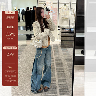 IUIU阿晶家 牛仔专业户 重工水洗牛仔裤2025新款宽松阔腿拖地裤