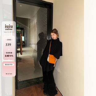 IUIU阿晶家 堆积感丝绒长裤女冬季设计感黑色修身显瘦裤子