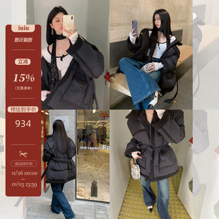 外套 羊羔毛阔肩拼接直筒黑色羽绒服90白鸭绒休闲冬装 IUIU ONLINE