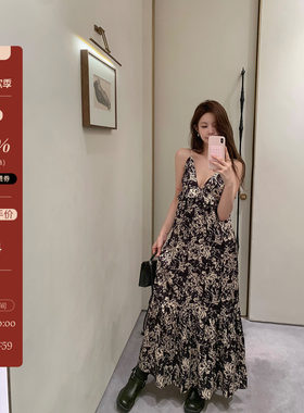 IUIU阿晶家 gan 碎花吊带连衣裙女秋季内搭V领时尚气质漏背裙子