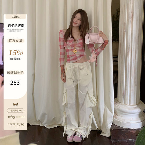 IUIU ONLINE 甜酷女孩 蝴蝶结工装裤休闲帅气大口袋宽松阔腿裤女