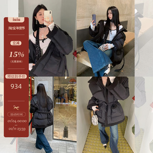 IUIU ONLINE 羊羔毛阔肩拼接直筒黑色羽绒服90白鸭绒休闲冬装外套