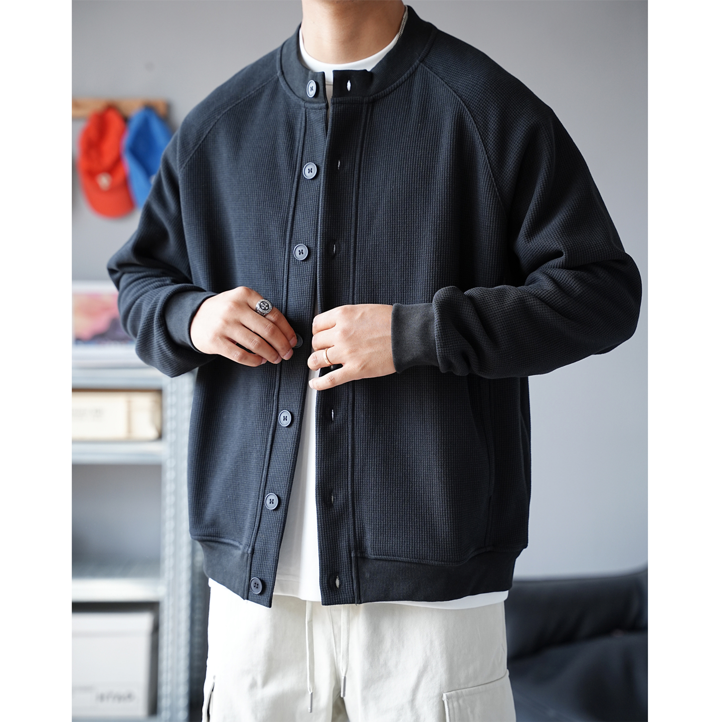 秋季美式痞帅重磅复古华夫格纽扣开衫外套男日系亨利领卫衣夹克潮