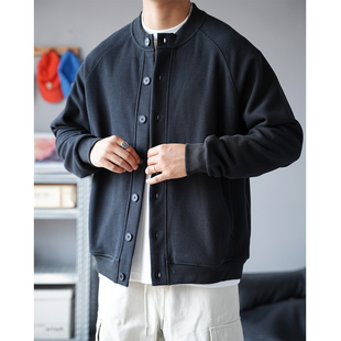 秋季美式痞帅重磅复古华夫格纽扣开衫外套男日系亨利领卫衣夹克潮