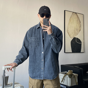 男长袖 休闲痞帅水洗复古牛仔衬衫 宽松潮牌高街百搭衬衣 美式 春季
