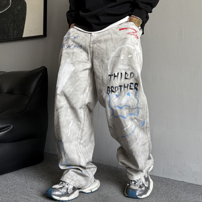 涂鸦彩绘复古做旧牛仔裤男直筒