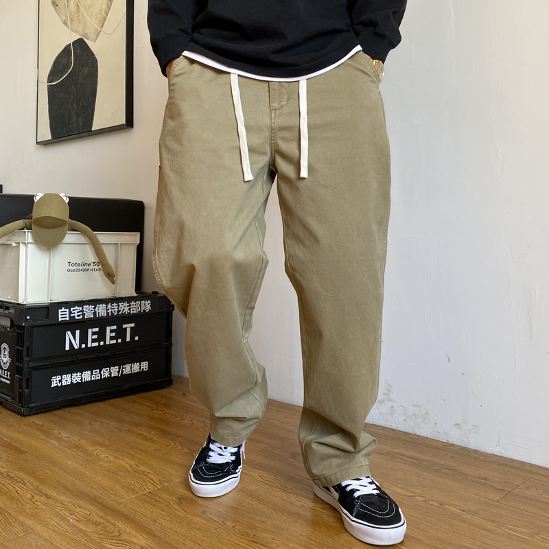 秋季美式休闲痞帅外贸卡其色工装裤男直筒宽松抽绳百搭纯棉裤子潮,男装,休闲裤,淘宝优惠券,粉丝福利购,淘宝优惠卷