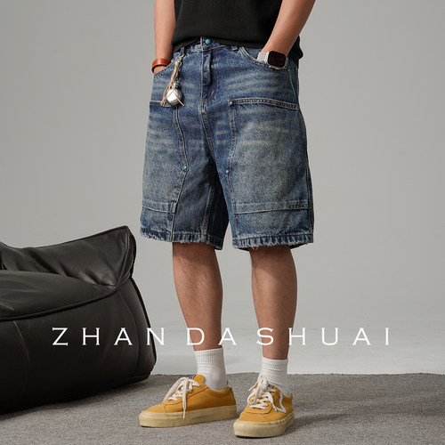 痞帅工装牛仔短裤男直筒宽松五分