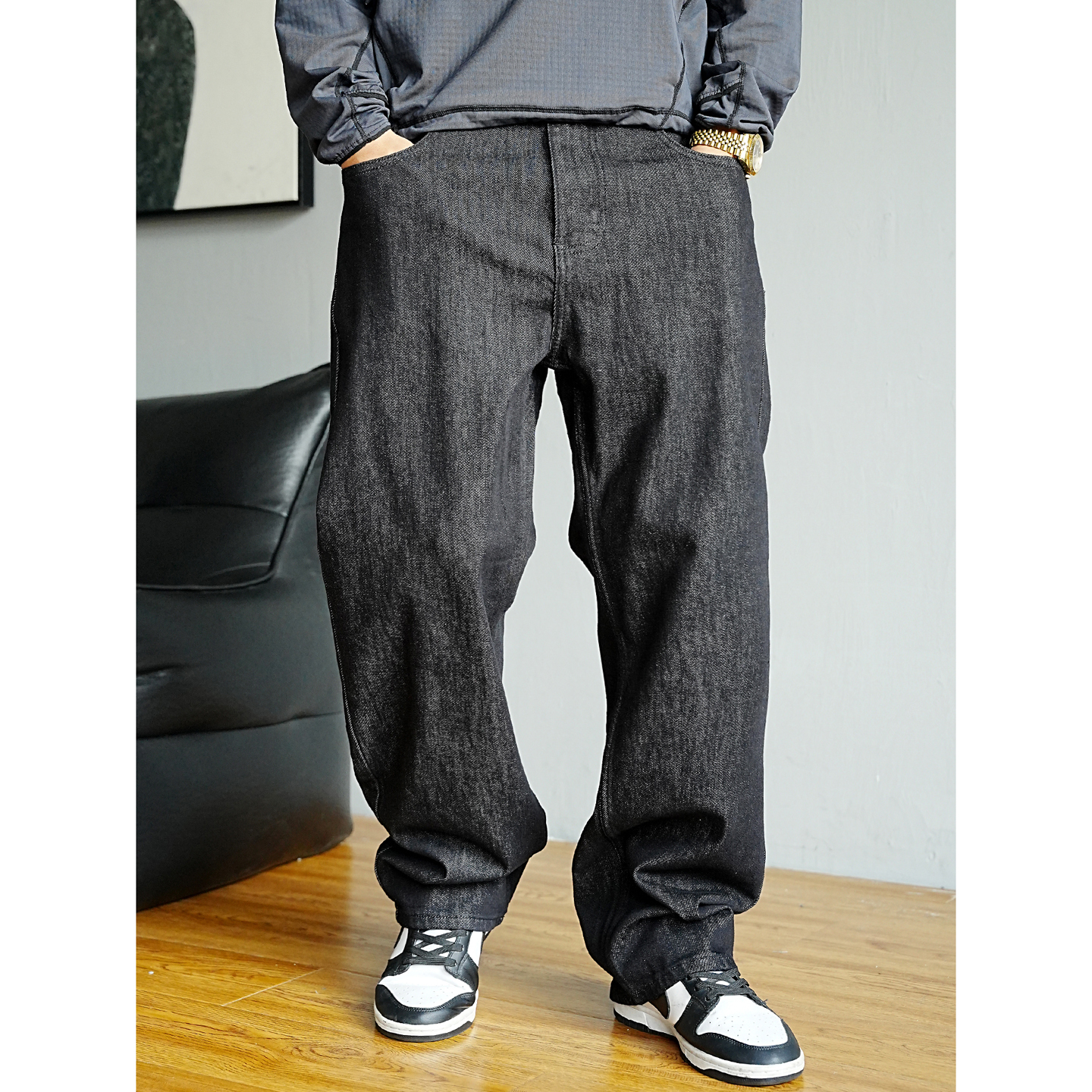 重磅复古黑色牛仔裤男直筒宽松