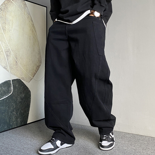 男直筒宽松百搭阔腿拖地老爹弯刀裤 休闲痞帅黑色牛仔裤 子 美式 秋季