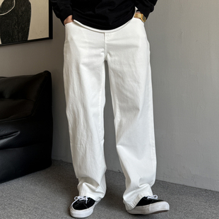 百搭高街阔腿裤 男直筒宽松大码 子 休闲痞帅水洗白色牛仔裤 春夏美式