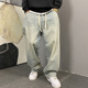 男直筒宽松紧腰抽绳阔腿裤 休闲痞帅水洗复古做旧牛仔裤 美式 春秋季