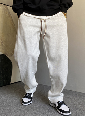 春季美式休闲痞帅高端灰色卫裤男直筒宽松抽绳百搭运动阔腿裤子潮