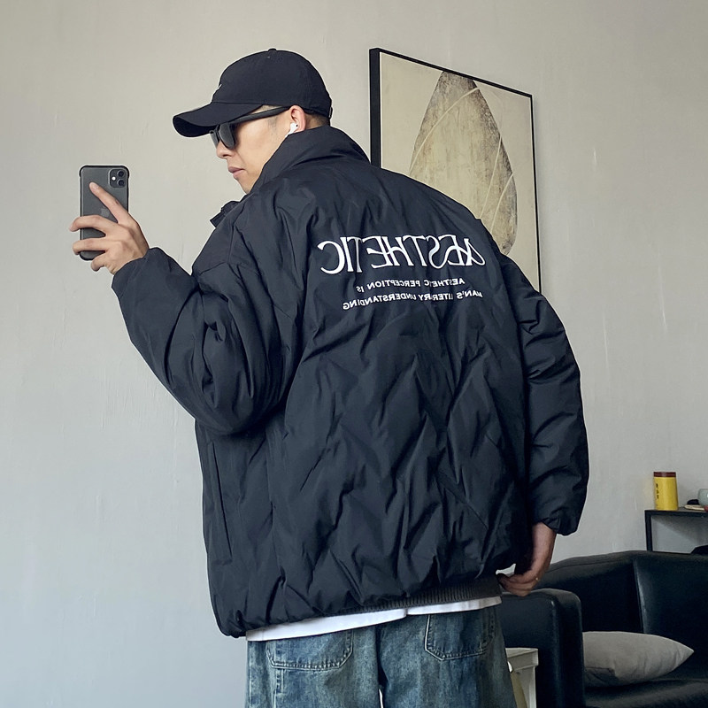 冬季美式休闲痞帅黑色轻薄款羽绒服男宽松大码加肥加大立领外套潮