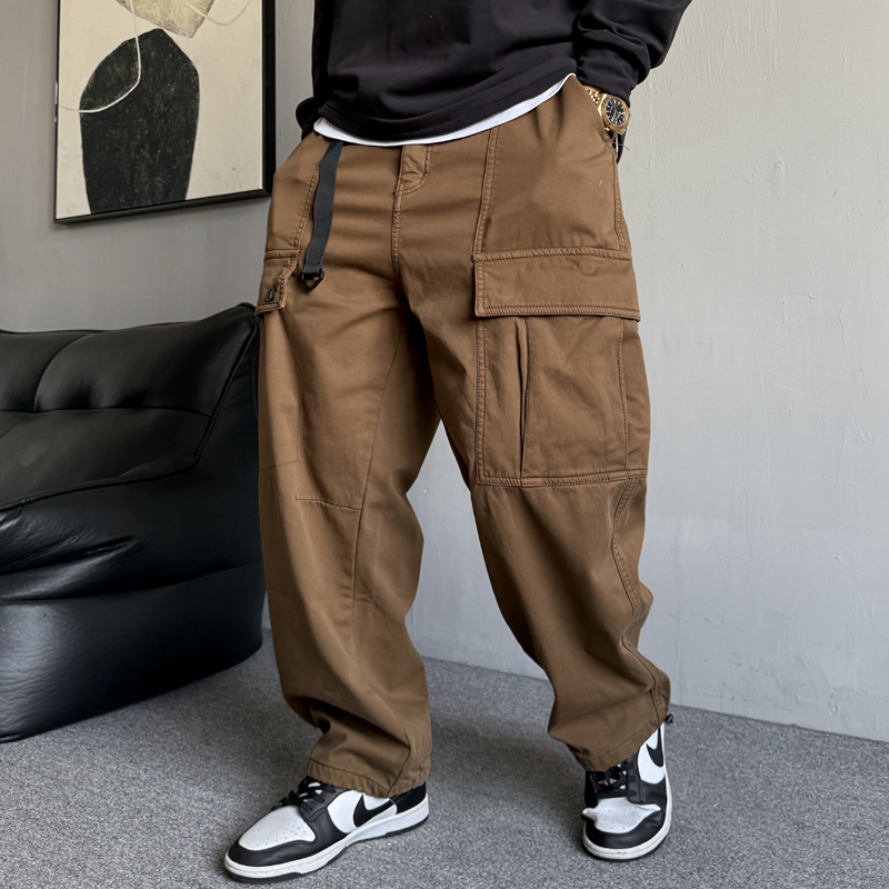 冬季美式休闲痞帅重磅加绒加厚口袋工装裤男直筒宽松抽绳束脚裤子