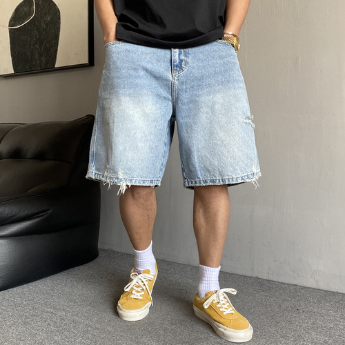 重磅复古破洞牛仔短裤男直筒宽松