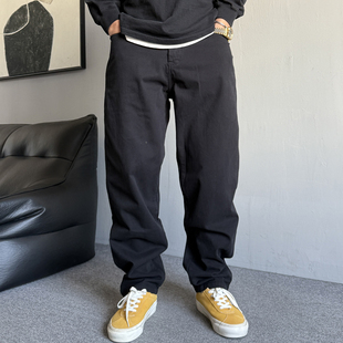 春秋季美式痞帅重磅复古刺绣黑色工装裤男直筒宽松百搭休闲长裤子