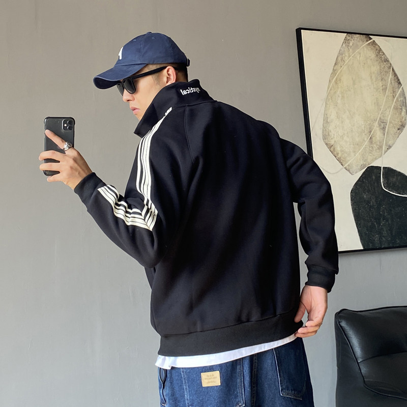 春秋季美式休闲痞帅刺绣立领条纹夹克男宽松百搭开衫运动外套潮流