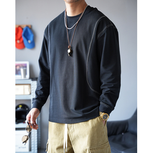 秋季美式休闲痞帅设计感拼接黑色长袖T恤男宽松百搭通勤圆领上衣