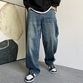 男直筒宽松高街百搭阔腿裤 占大帅美式 痞帅重磅水洗复古牛仔裤 子潮