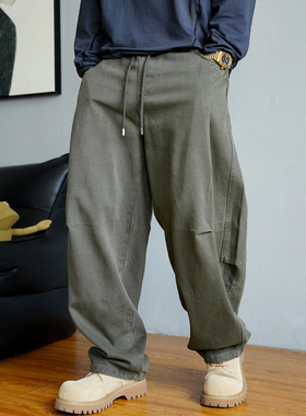 秋季美式休闲痞帅重磅复古军绿色工装裤男直筒宽松抽绳阔腿弯刀裤