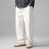 男直筒宽松百搭纯棉阔腿长裤 高端痞帅重磅白色牛仔裤 美式 占大帅