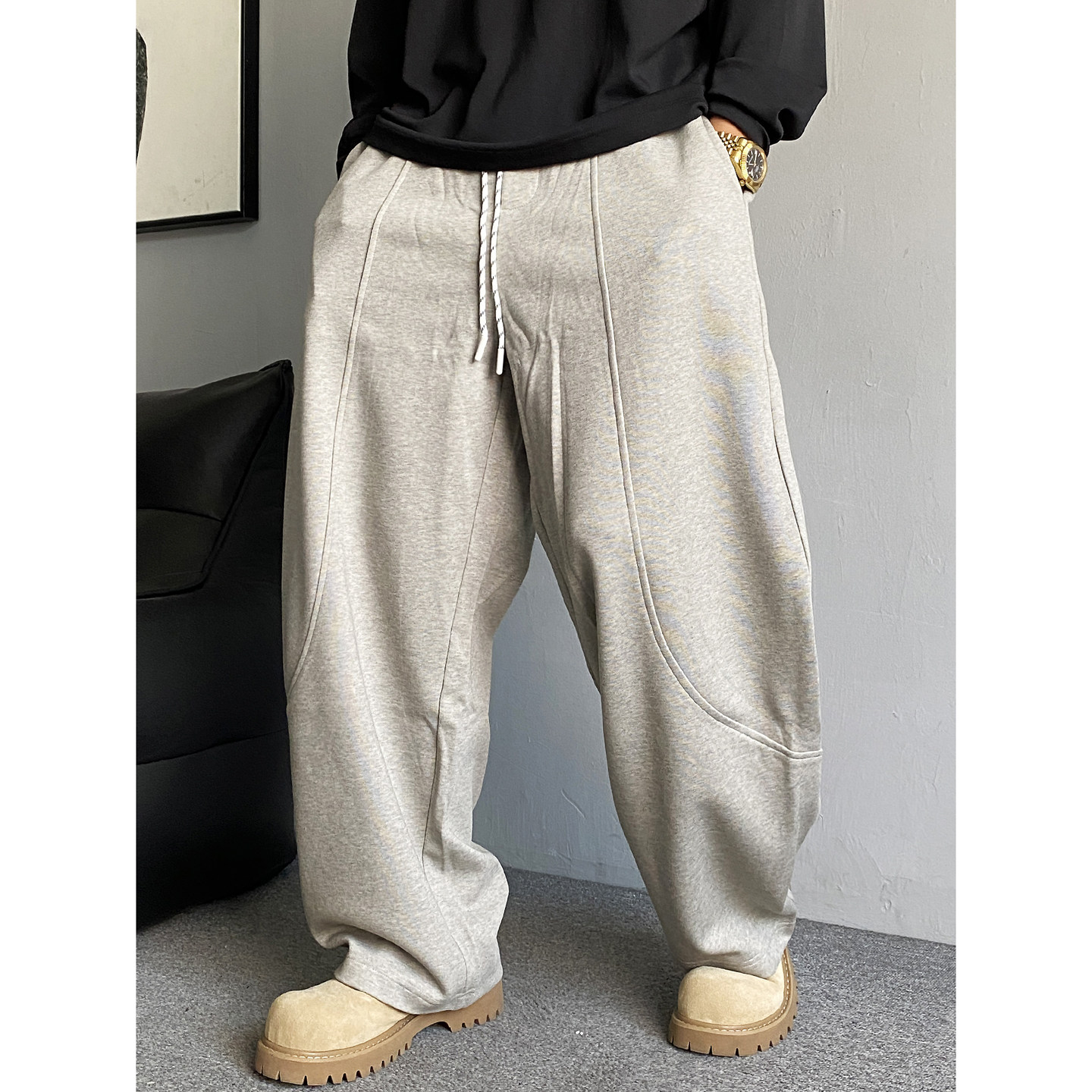 高级感痞帅灰色针织卫裤男直筒