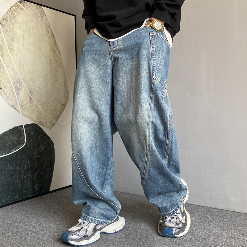 秋季美式休闲痞帅重磅复古做旧牛仔裤男宽松直筒高街阔腿弯刀裤潮