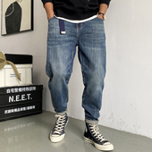 男宽松直筒百搭弹性锥形裤 美式 休闲痞帅水洗复古加绒加厚牛仔裤 子