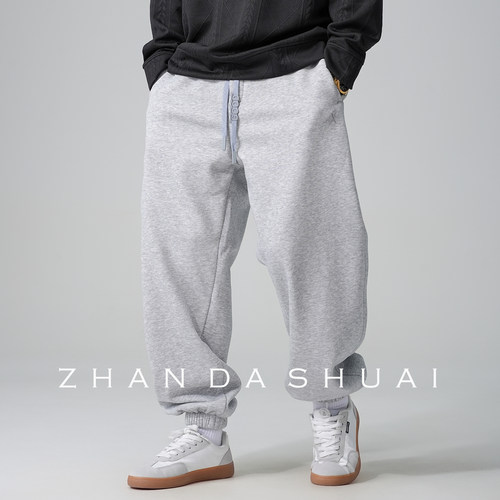 高端灰色针织卫裤男宽松抽绳