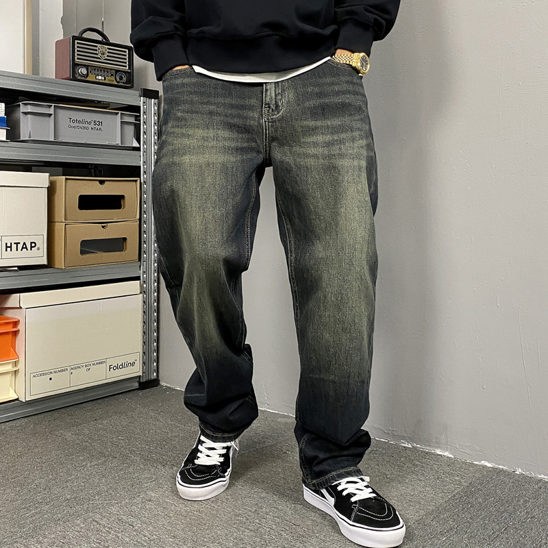 加绒牛仔裤男宽松直筒潮牌