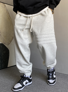 秋冬季美式休闲高端条纹加绒灰色卫裤男宽松抽绳百搭运动束脚裤子