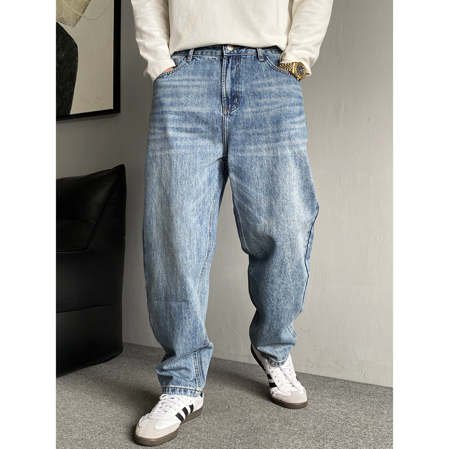 秋季美式痞帅水洗复古浅蓝色牛仔裤男直筒宽松通勤百搭锥形长裤子