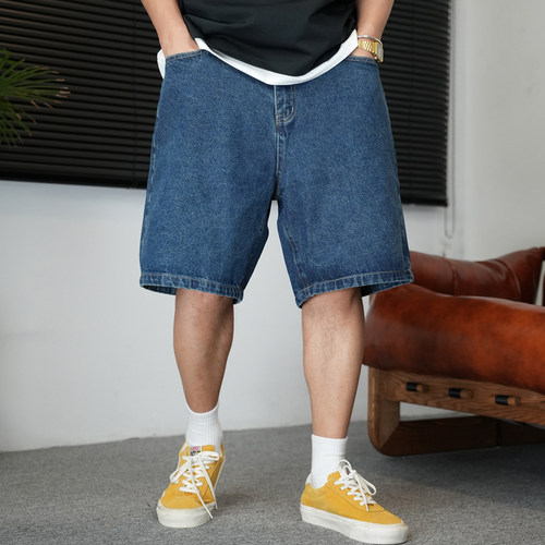 磅复古深蓝色牛仔短裤男直筒