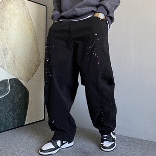 秋季美式休闲痞帅重磅黑色泼墨工装裤男直筒宽松高街阔腿弯刀裤子
