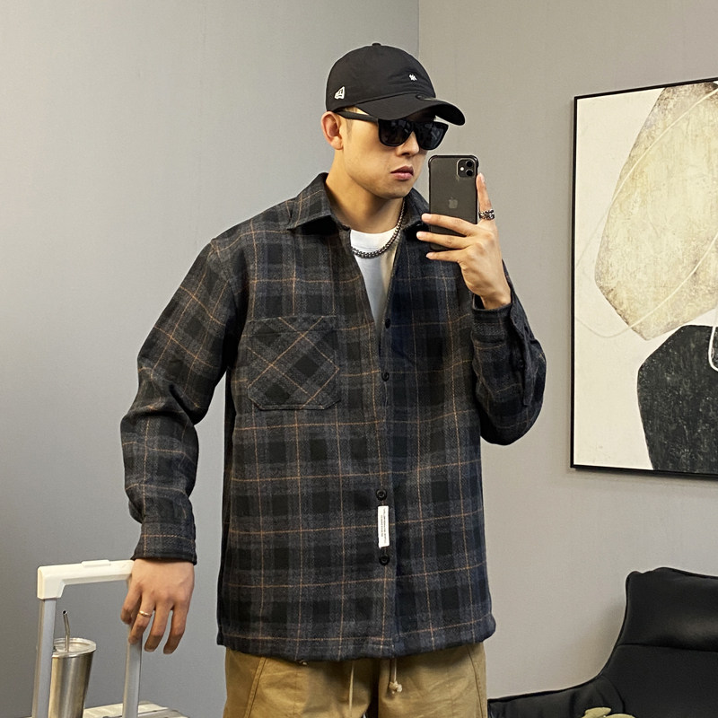 秋冬季美式休闲痞帅重磅厚款格子长袖衬衫男宽松潮牌高街内搭衬衣